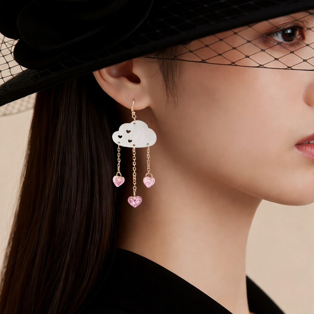 Close-up of a woman wearing a black hat with a flower detail, focusing on her earrings.