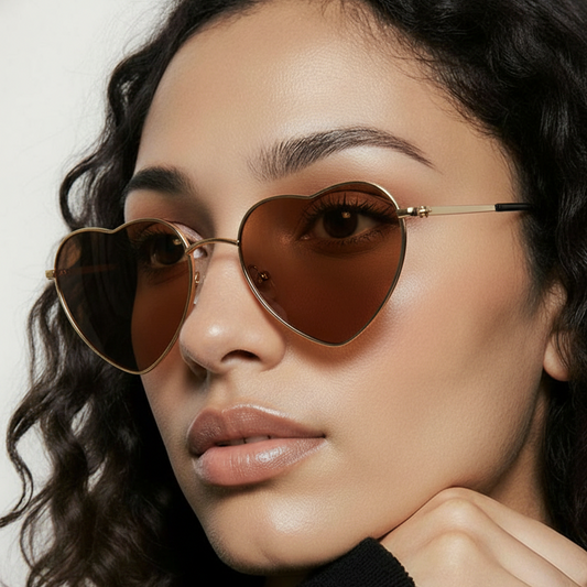 woman in brown lens heart shaped sunglasses