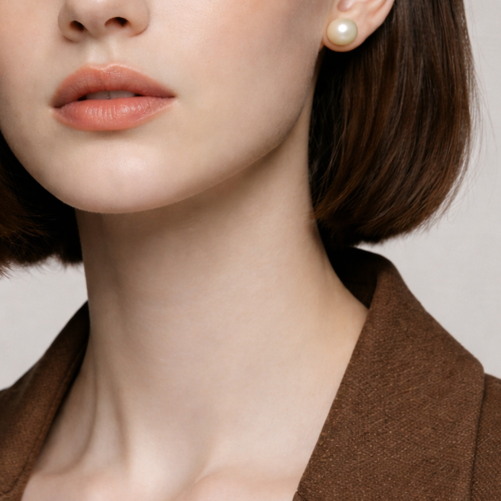 Woman wearing a brown blazer with a plain background